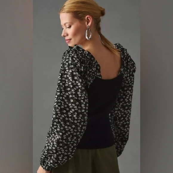 Anthropologie Black Top with Floral Accents - Picture 1 of 5